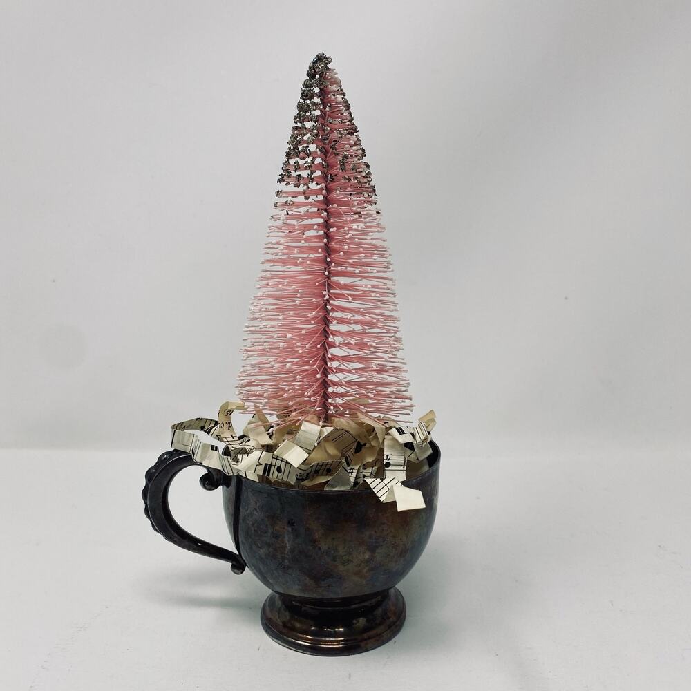 Vintage silver plated tea cup with pink bottle brush tree with gold glitter